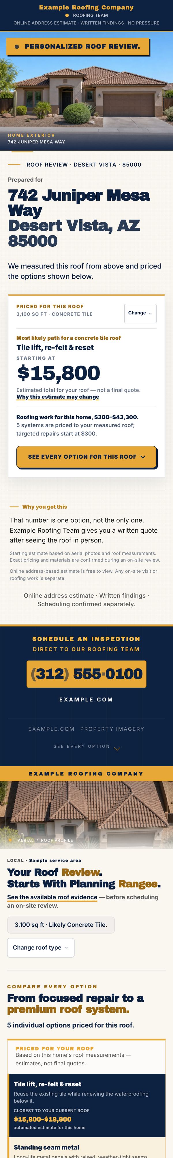 Mobile browser view of a roof estimate landing page