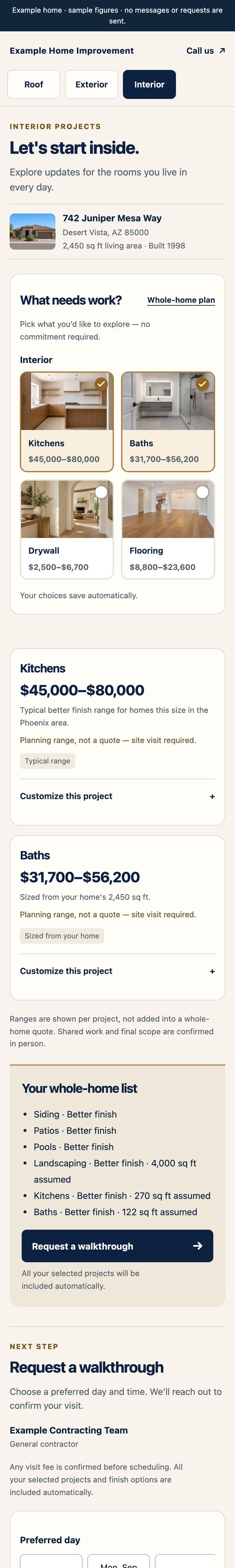 Mobile view of a whole-home project page with price ranges for kitchens, baths, drywall, and flooring